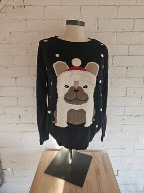 Ugly Christmas Sweater French Bulldog Santa Hat Sherpa Pom Pom Black Knit L